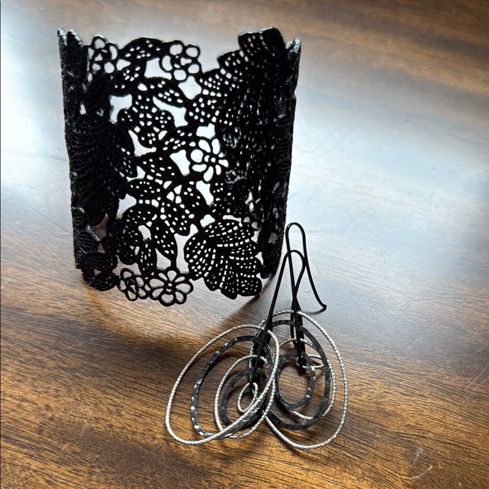 Black Lace Cuff Bracelet and Silver Hoop Earrings